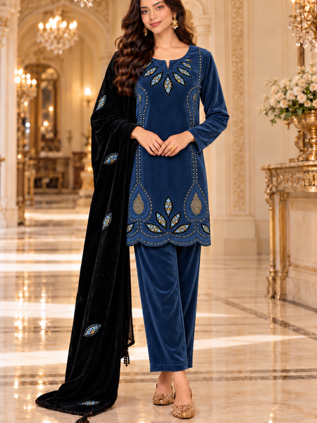 Corduroy Velvet Embroidered Kurta Pant Set with Black Dupatta