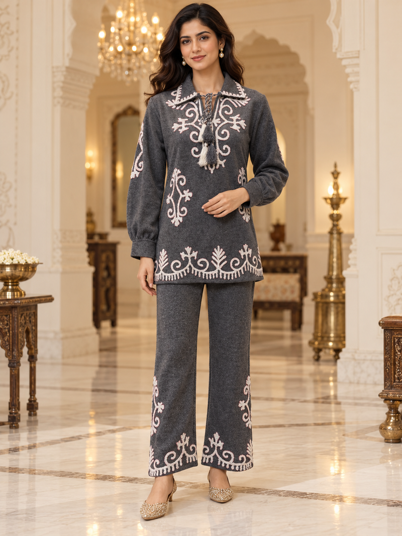 Wool Co-ord Set with White Embroidery