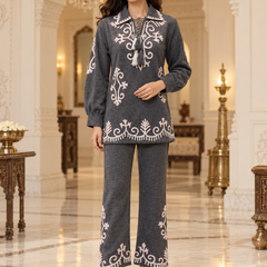 Wool Co-ord Set with White Embroidery