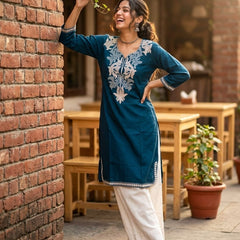 Women’s Teal Embroidered Straight Kurta with White Palazzo | Casual Cotton Ethnic Wear