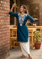 Women’s Teal Embroidered Straight Kurta with White Palazzo | Casual Cotton Ethnic Wear