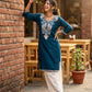 Women’s Teal Embroidered Straight Kurta with White Palazzo | Casual Cotton Ethnic Wear