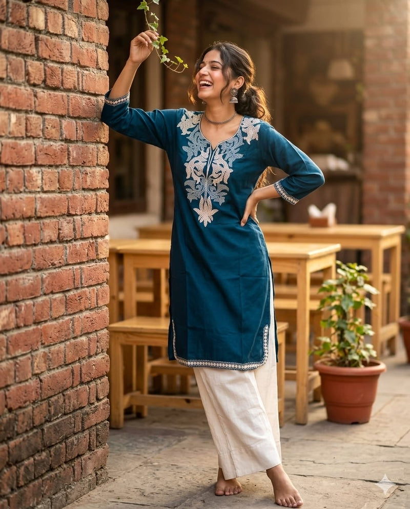 Women’s Teal Embroidered Straight Kurta with White Palazzo | Casual Cotton Ethnic Wear