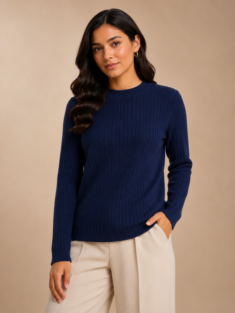 Women’s Chocolate Brown Ribbed Knit Round Neck Sweater