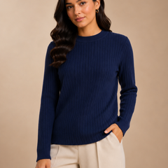 Women’s Chocolate Brown Ribbed Knit Round Neck Sweater