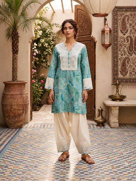 Women’s Lavender Cotton Printed Patiala Suit Set with Lace Work | Ethnic Kurta, Patiala Salwar & Dupatta