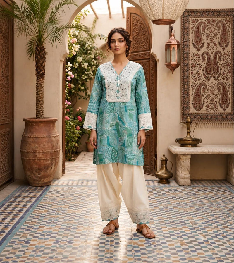 Women’s Lavender Cotton Printed Patiala Suit Set with Lace Work | Ethnic Kurta, Patiala Salwar & Dupatta
