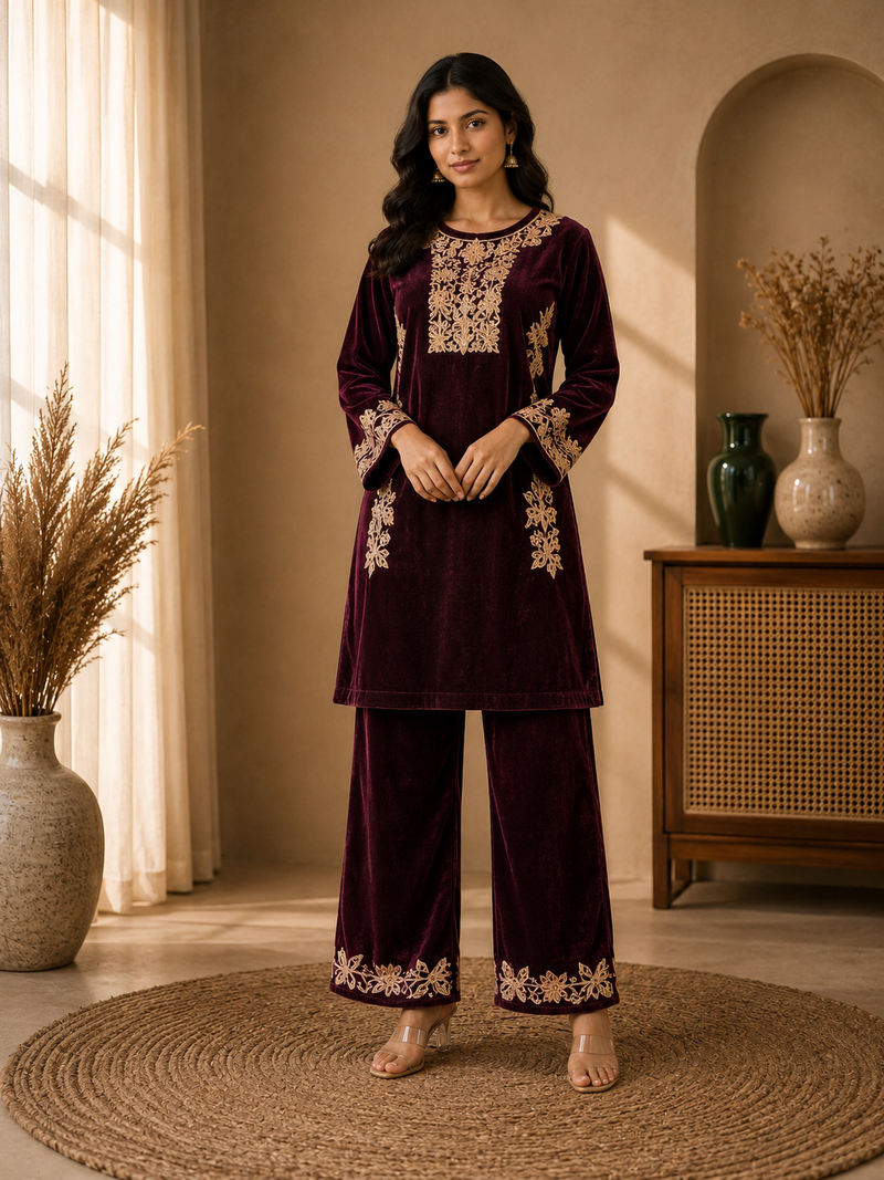 Wine Velvet Zari Embroidered Co-ord Set for Women