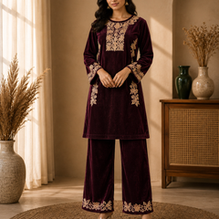 Wine Velvet Zari Embroidered Co-ord Set for Women