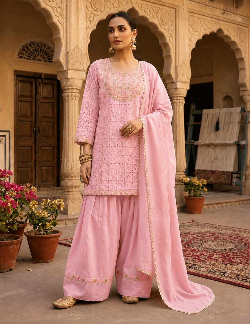 Women’s Baby Pink Embroidered Kurta Palazzo Set with Dupatta | Festive Ethnic Suit