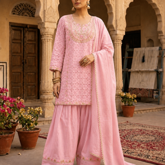Women’s Baby Pink Embroidered Kurta Palazzo Set with Dupatta | Festive Ethnic Suit