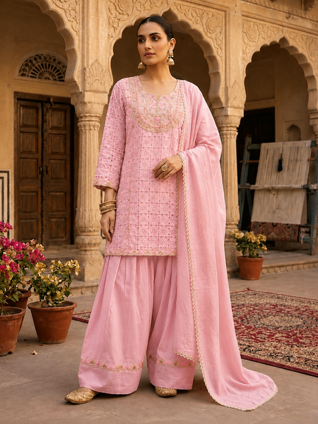 Women’s Baby Pink Embroidered Kurta Palazzo Set with Dupatta | Festive Ethnic Suit