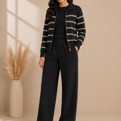 Mulson Ivory Striped 3-Piece Knitted Co-ord Set with Zip Jacket