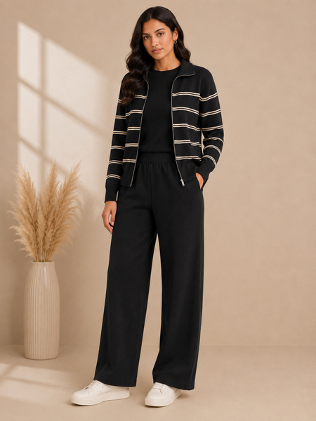 Mulson Ivory Striped 3-Piece Knitted Co-ord Set with Zip Jacket