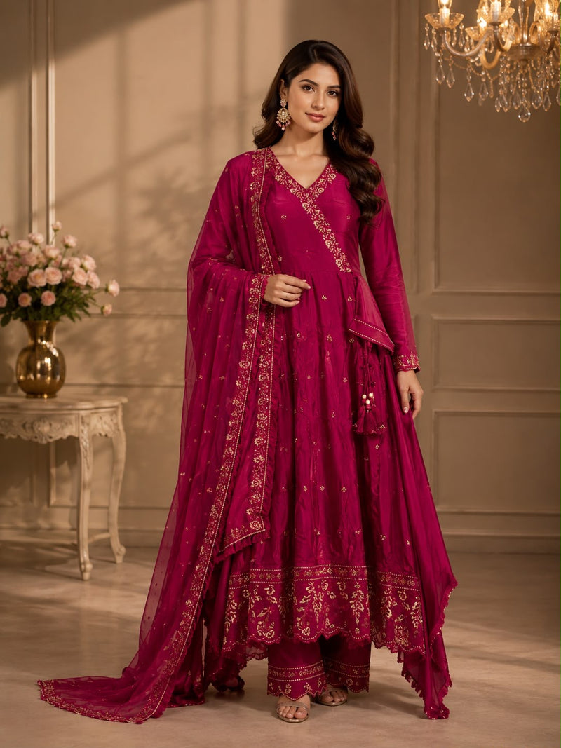 Women’s Rani Pink Embroidered Anarkali Suit Set with Dupatta | Festive Wedding Wear