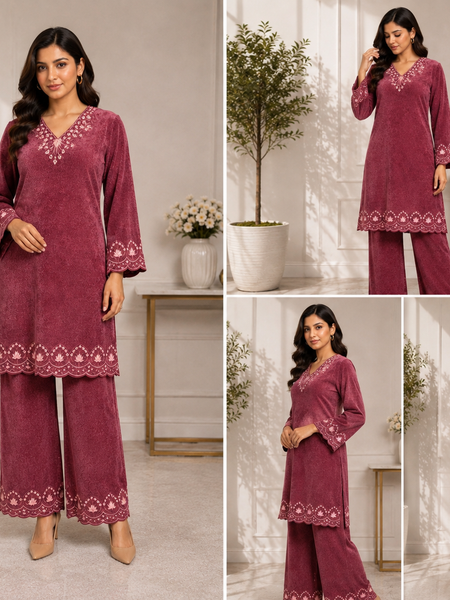Aurelia Wine Embroidered Winter Co-ord Set