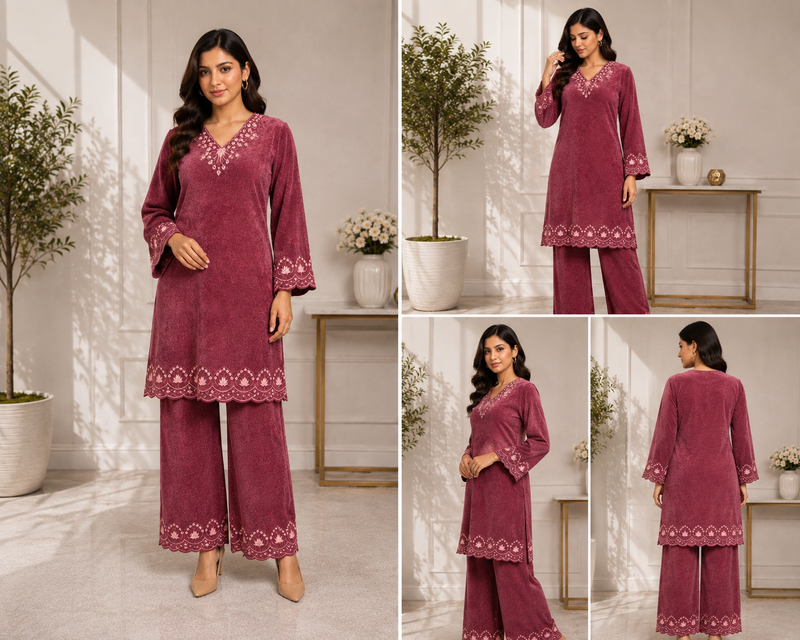 Aurelia Wine Embroidered Winter Co-ord Set