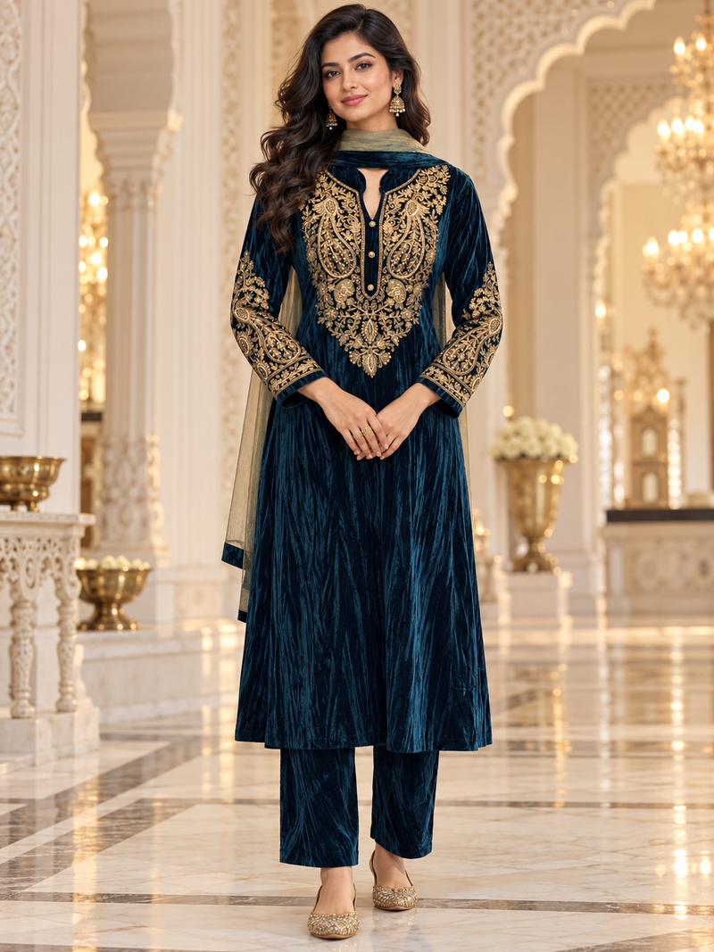 Velvet Zari Embroidered A-Line Suit Set