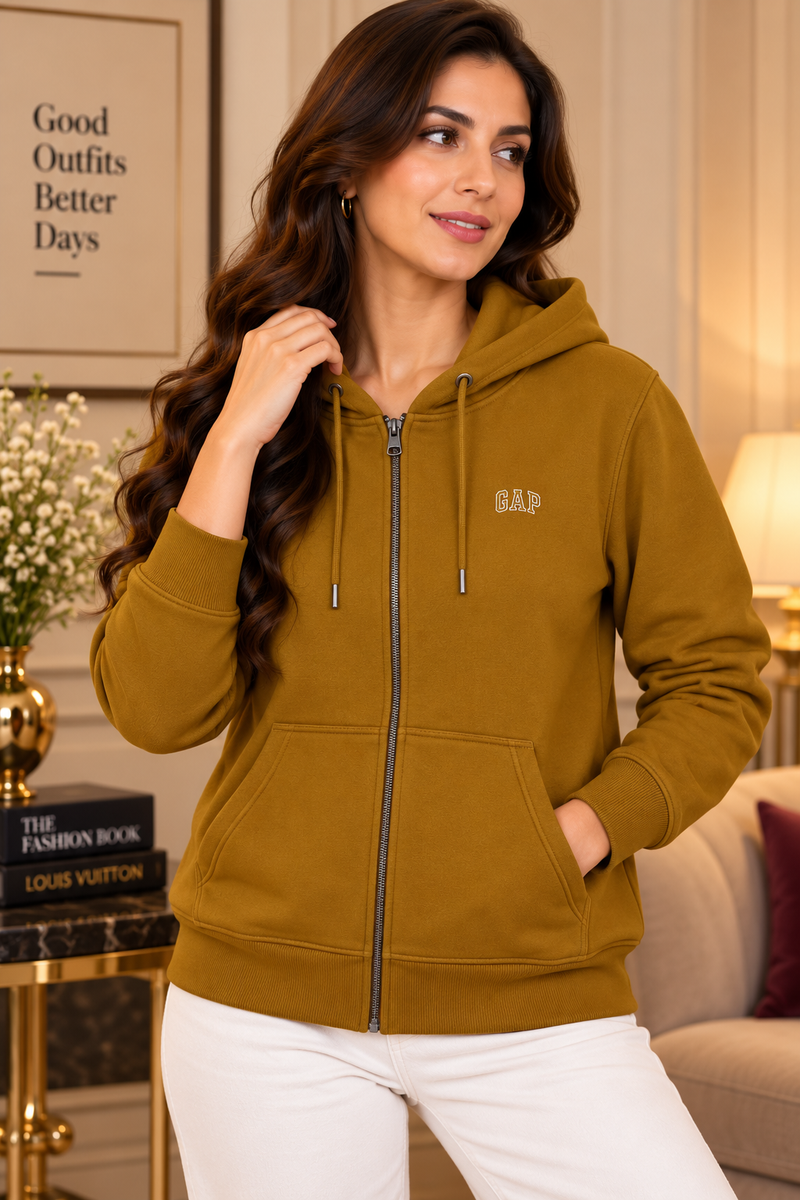 Women’s Premium Full-Zip Hooded Sweatshirt with Pockets – Taupe