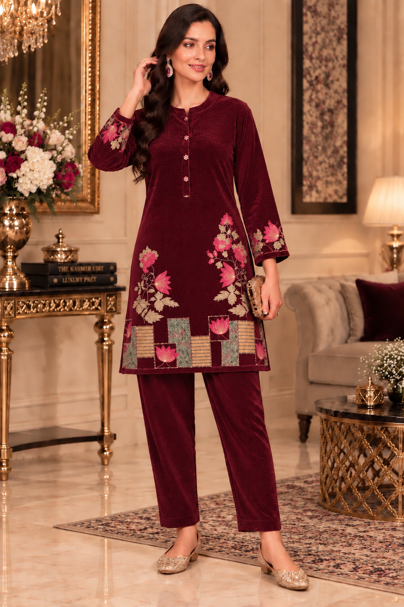 Embroidered Corduroy Velvet Co-ord Set for Women