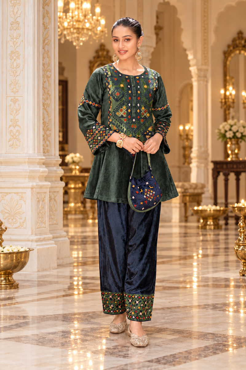 Forest Green Kashmiri Embroidered Co-ord Set with Matching Potli Bag