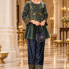 Forest Green Kashmiri Embroidered Co-ord Set with Matching Potli Bag