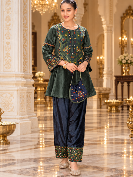 Forest Green Kashmiri Embroidered Co-ord Set with Matching Potli Bag