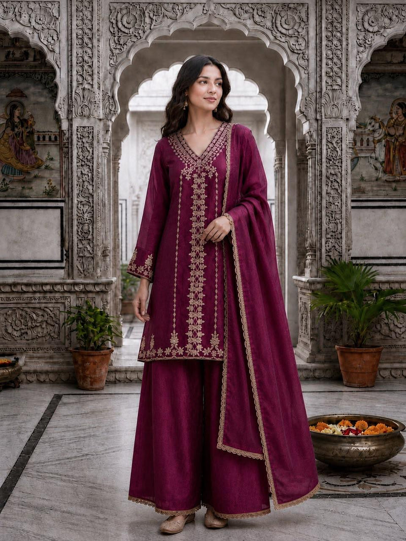 Women’s Orange Embroidered Kurta Palazzo Set with Dupatta