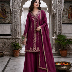 Women’s Orange Embroidered Kurta Palazzo Set with Dupatta