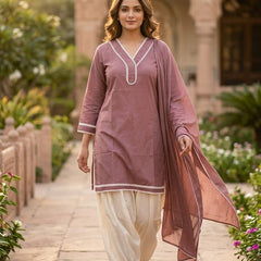Olive Green Cotton Suit Set with Dupatta for Women | Solid Kurta & Patiala Salwar Set