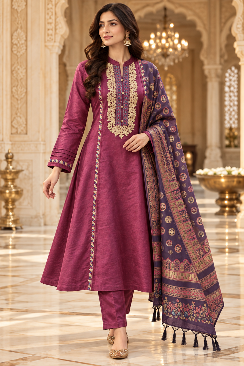 Corduroy velvet Embroidered A-Line 3-Piece Suit Set with Printed Dupatta