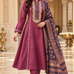 Corduroy velvet Embroidered A-Line 3-Piece Suit Set with Printed Dupatta
