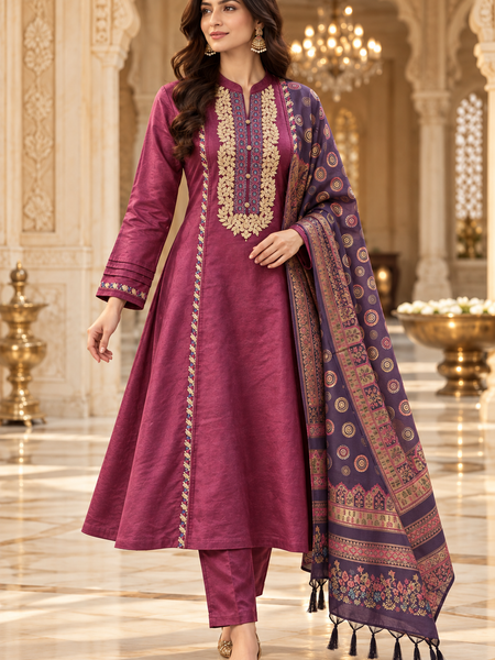 Corduroy velvet Embroidered A-Line 3-Piece Suit Set with Printed Dupatta