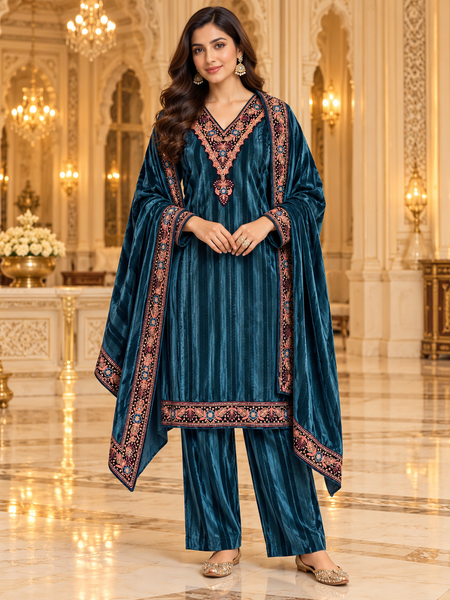 Embroidered Velvet 3-Piece Winter Suit Set with Dupatta