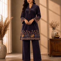 Royal Plum Velvet Elephant Motif Co-ord Set for Women