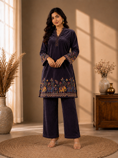 Royal Plum Velvet Elephant Motif Co-ord Set for Women