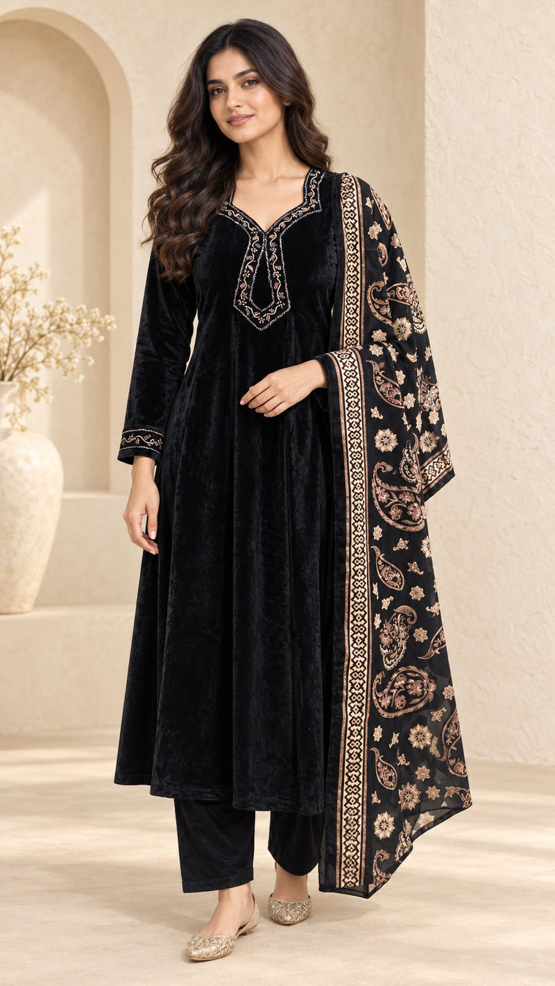 Velvet Embroidered Suit Set with Printed Dupatta