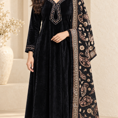 Velvet Embroidered Suit Set with Printed Dupatta