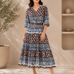 Women’s Blue Tie-Dye Printed Cotton Maxi Dress with Belt | Elegant Button-Down Flared Dress