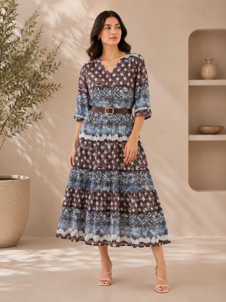 Women’s Blue Tie-Dye Printed Cotton Maxi Dress with Belt | Elegant Button-Down Flared Dress