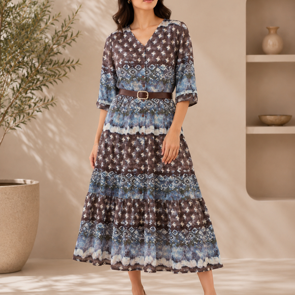 Women’s Blue Tie-Dye Printed Cotton Maxi Dress with Belt | Elegant Button-Down Flared Dress