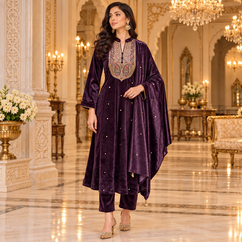 Velvet Embroidered 3-Piece Winter Suit Set with Dupatta