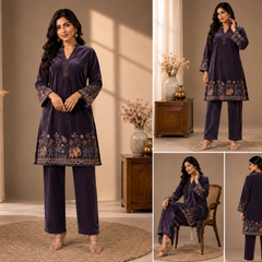 Royal Plum Velvet Elephant Motif Co-ord Set for Women