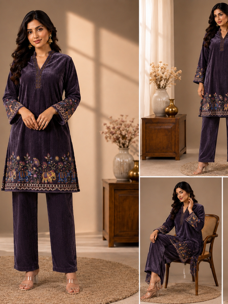 Royal Plum Velvet Elephant Motif Co-ord Set for Women