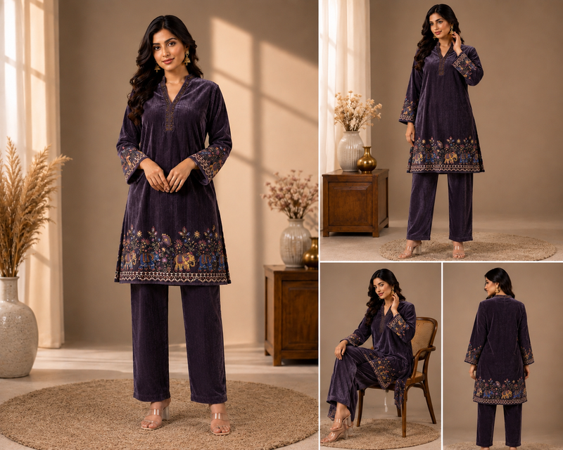 Royal Plum Velvet Elephant Motif Co-ord Set for Women