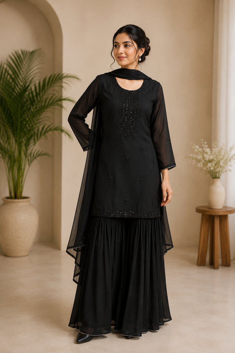 Women’s White Embroidered Kurta Sharara Set with Dupatta | Elegant Cotton Ethnic Wear for Women