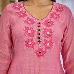 Premium Mul Chanderi Appliqué & Mirror Work Kurta Set with Dupatta