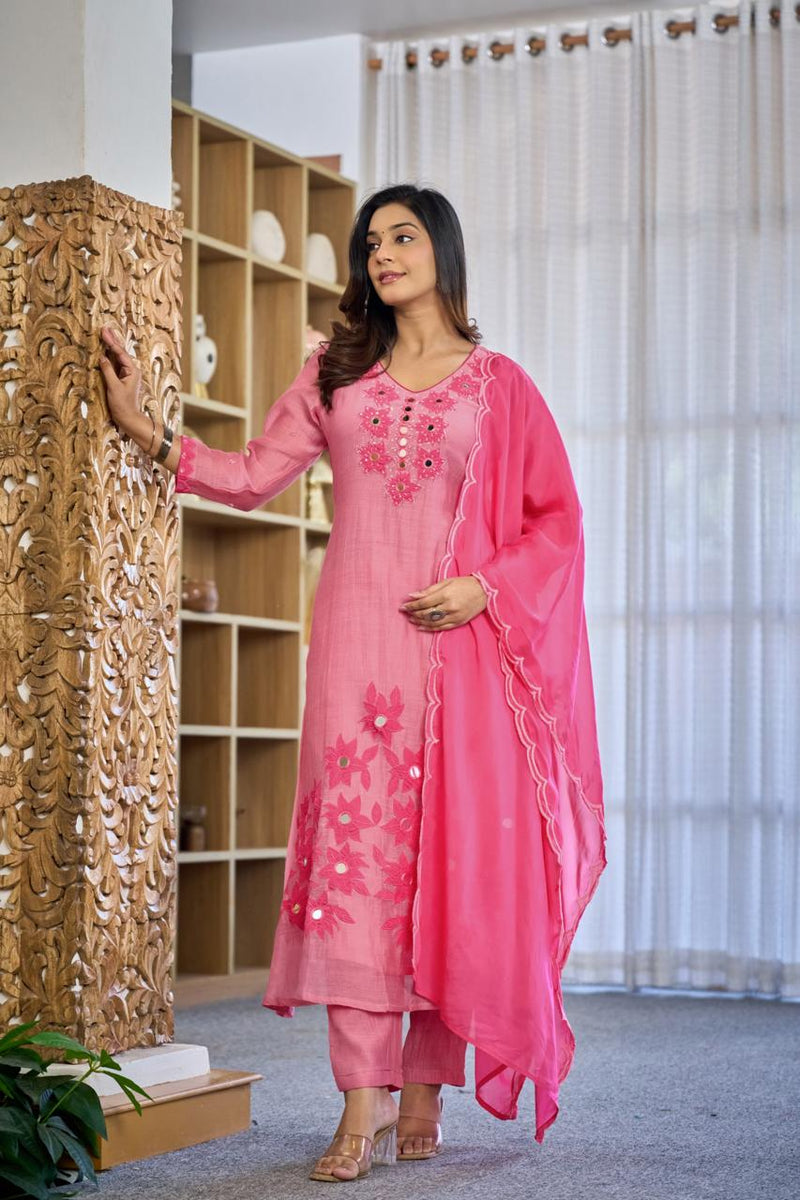 Premium Mul Chanderi Appliqué & Mirror Work Kurta Set with Dupatta