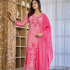 Premium Mul Chanderi Appliqué & Mirror Work Kurta Set with Dupatta
