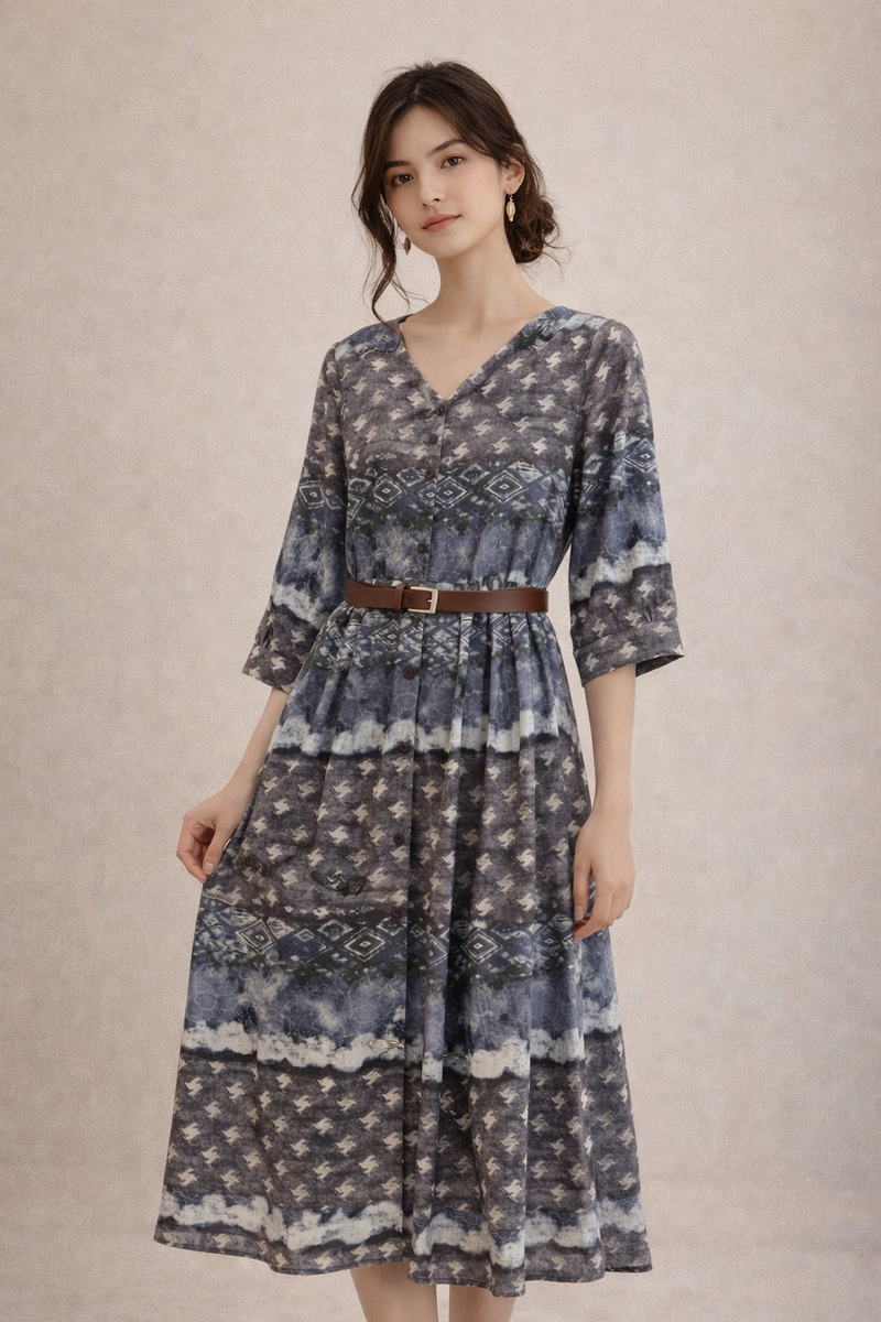 Midnight Mist Printed Midi Dress